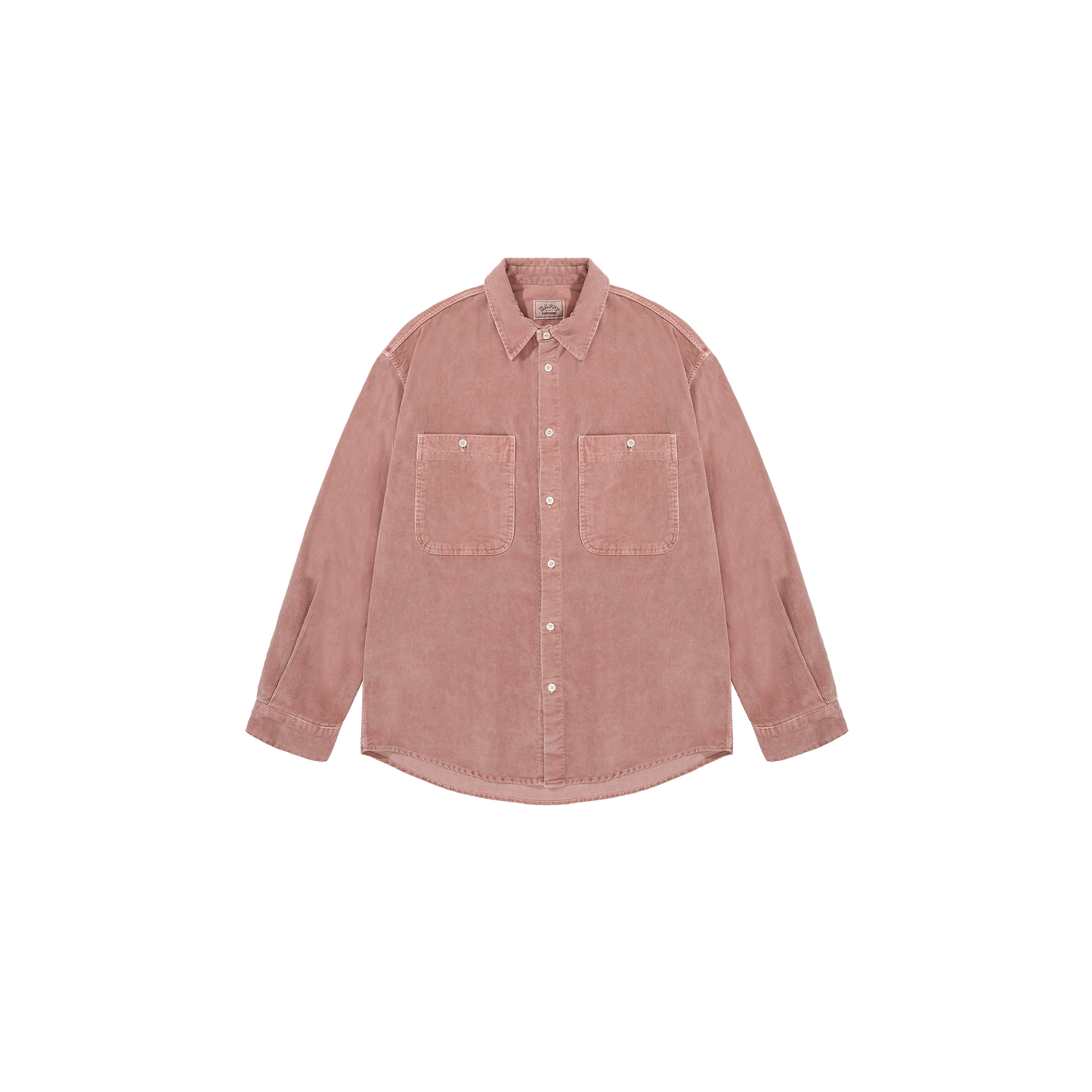 The Pigment Corduroy Shirt by Kappy is a unisex pink button-up with two front pockets, presented on a plain white background.