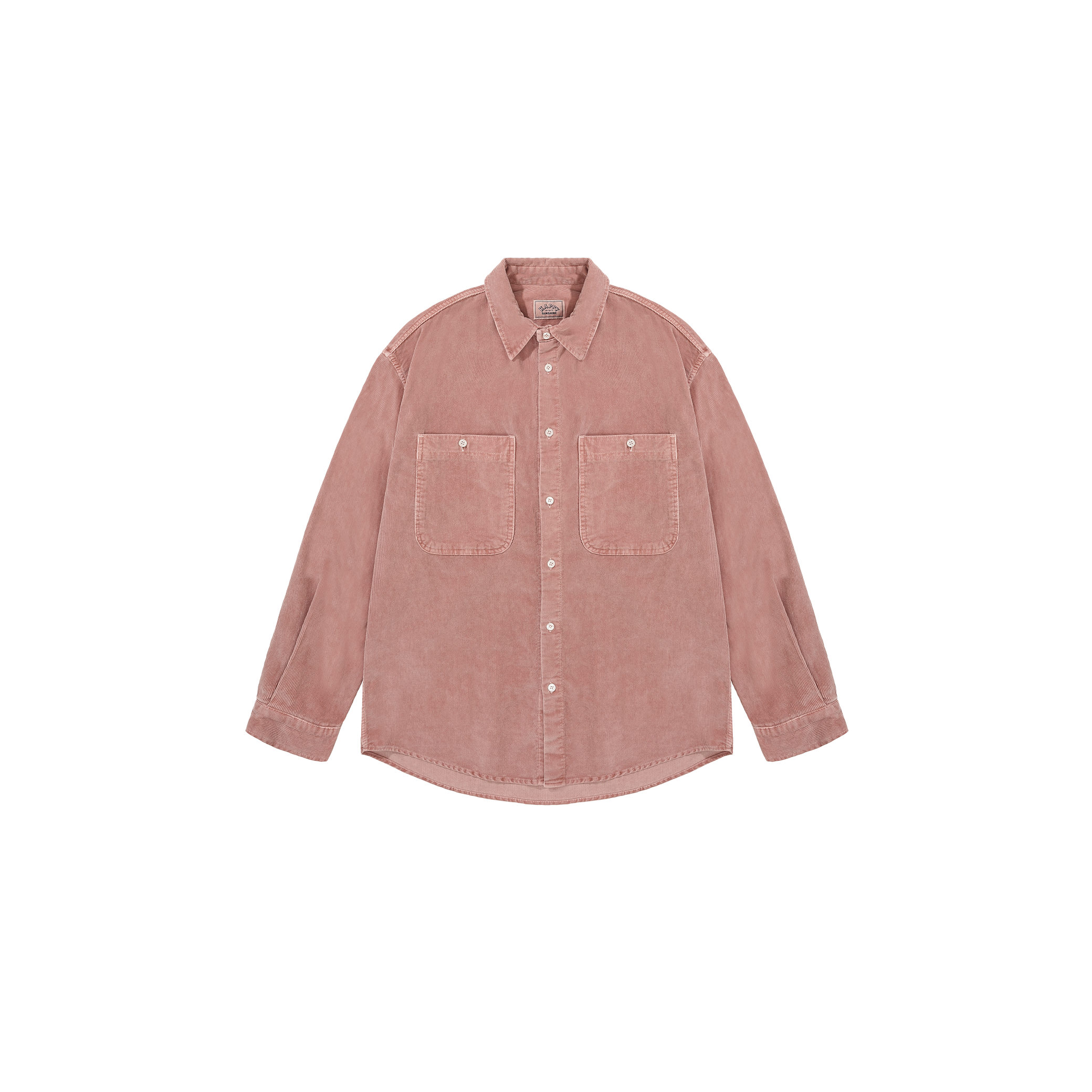 The Pigment Corduroy Shirt by Kappy is a unisex pink button-up with two front pockets, presented on a plain white background.