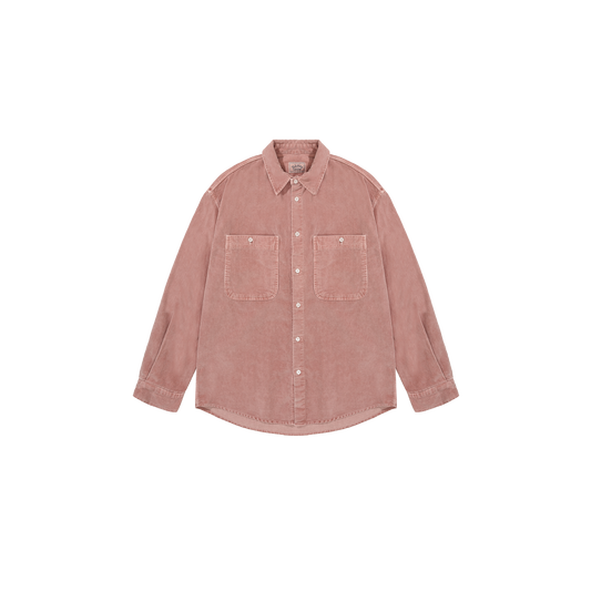 The Pigment Corduroy Shirt by Kappy is a unisex pink button-up with two front pockets, presented on a plain white background.