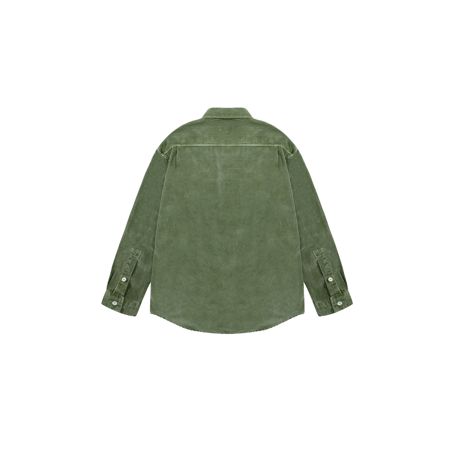 Back view of the Pigment Corduroy Shirt by Kappy, a green unisex button-up shirt featuring a classic collar and long sleeves.