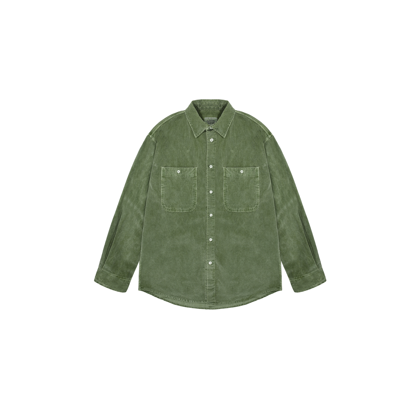 Unisex Pigment Corduroy Shirt by Kappy, featuring a green color with long sleeves and two chest pockets, shown front-facing on a plain background.