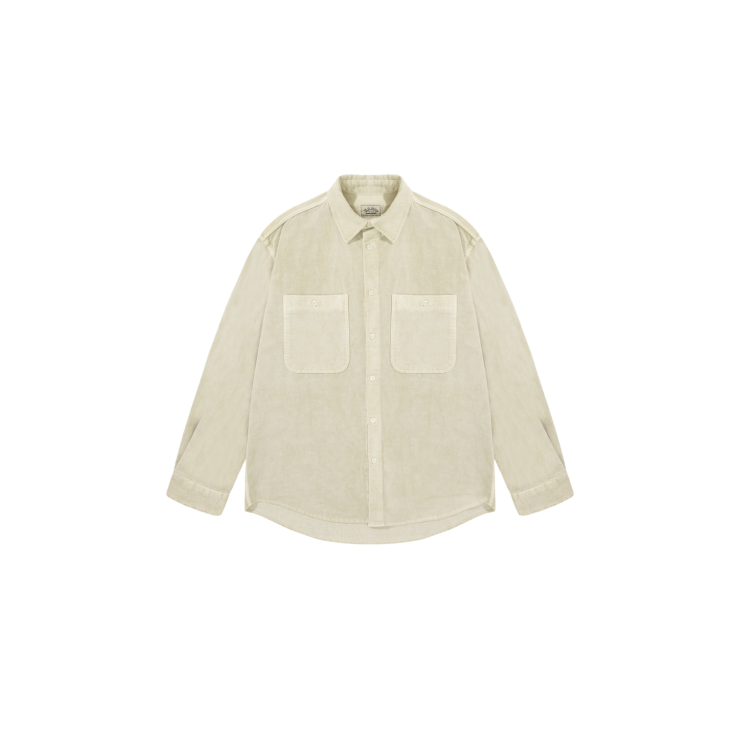 The Pigment Corduroy Shirt by Kappy, shown against a black background, features a beige color with a collar and two front pockets, providing a versatile unisex style.