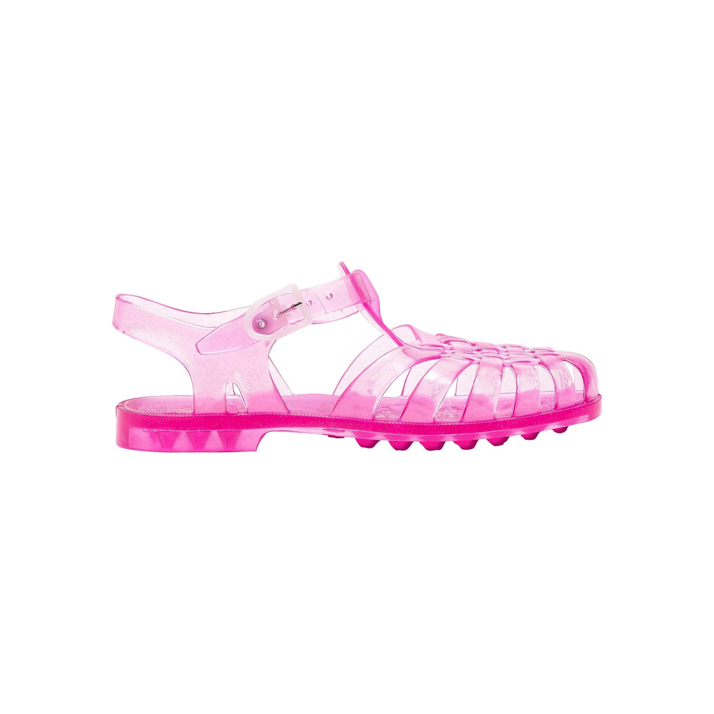 A K Sun, Pink Glitter jelly sandal by Meduse with an open-toe design and ankle strap buckle.