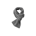 A neatly folded Pull Through Scarf by Margaret Howell, made from soft, woven gray lambswool fabric and arranged in a loop.