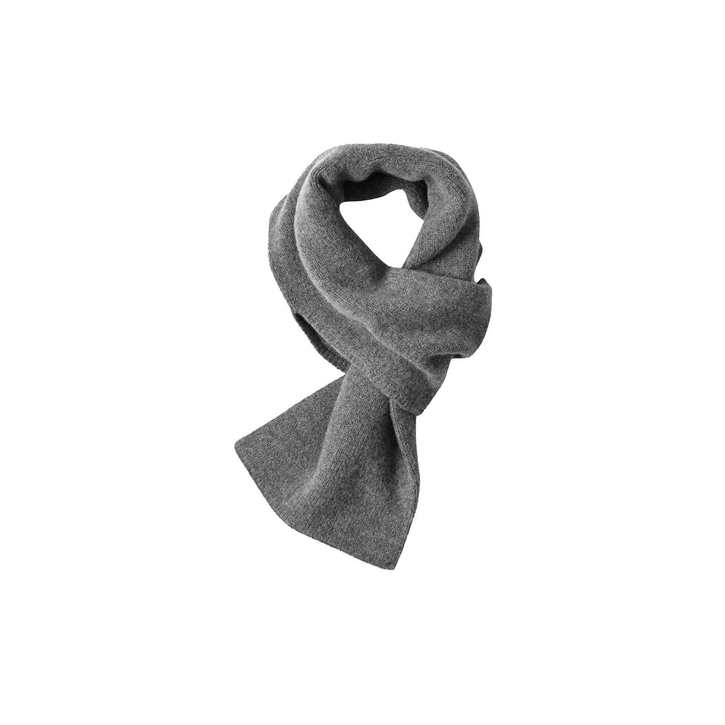 A neatly folded Pull Through Scarf by Margaret Howell, made from soft, woven gray lambswool fabric and arranged in a loop.