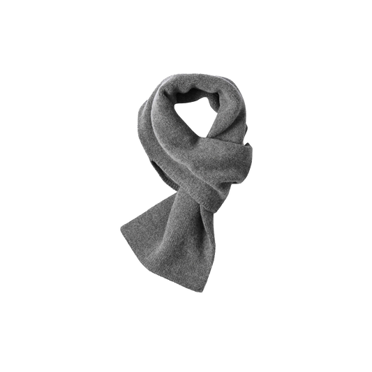 A neatly folded Pull Through Scarf by Margaret Howell, made from soft, woven gray lambswool fabric and arranged in a loop.