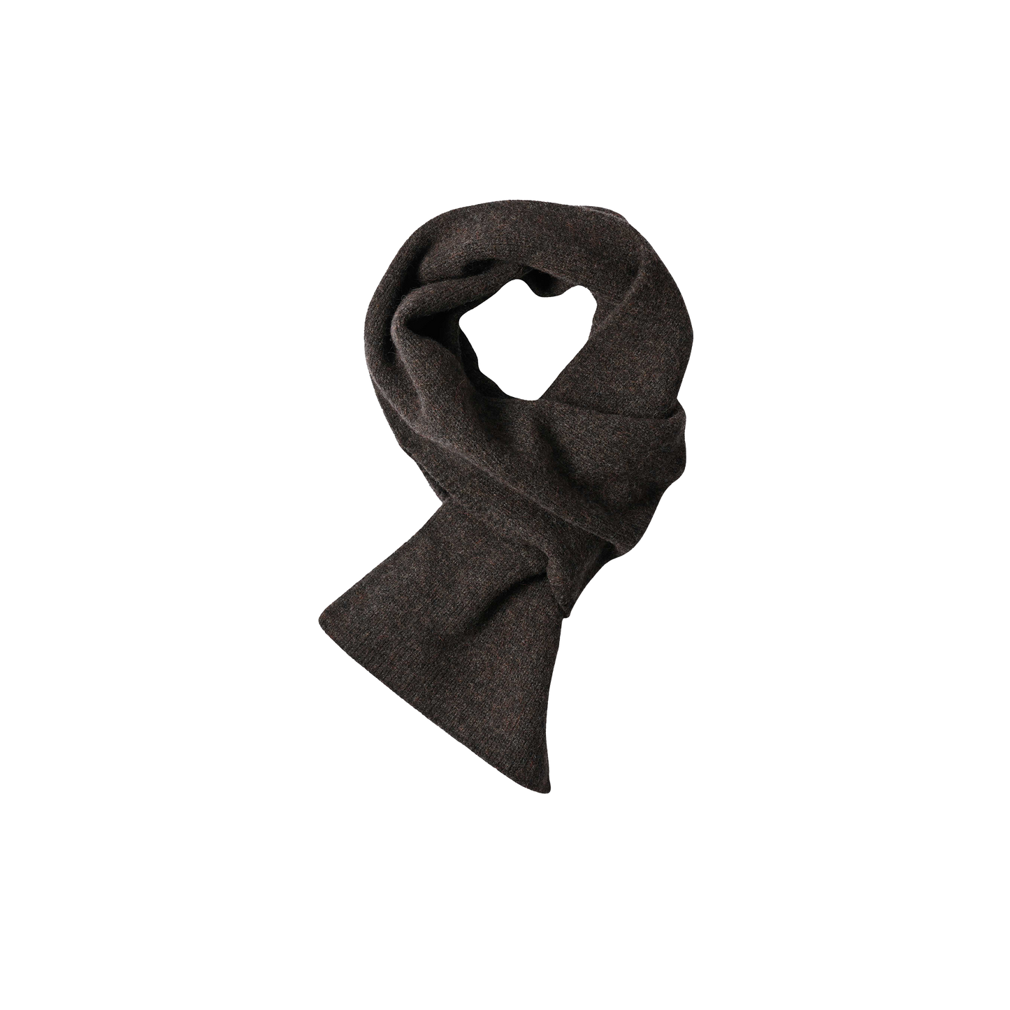 A neatly folded and loosely knotted Margaret Howell Pull Through Scarf in cocoa brown lambswool, displayed against a white background.