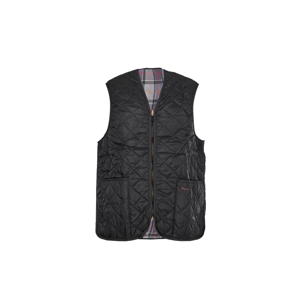 The Barbour Quilted Zip-In Liner is a black waistcoat with a front zipper and two pockets, featuring an inner tartan lining.