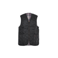 The Barbour Quilted Zip-In Liner is a black waistcoat with a front zipper and two pockets, featuring an inner tartan lining.