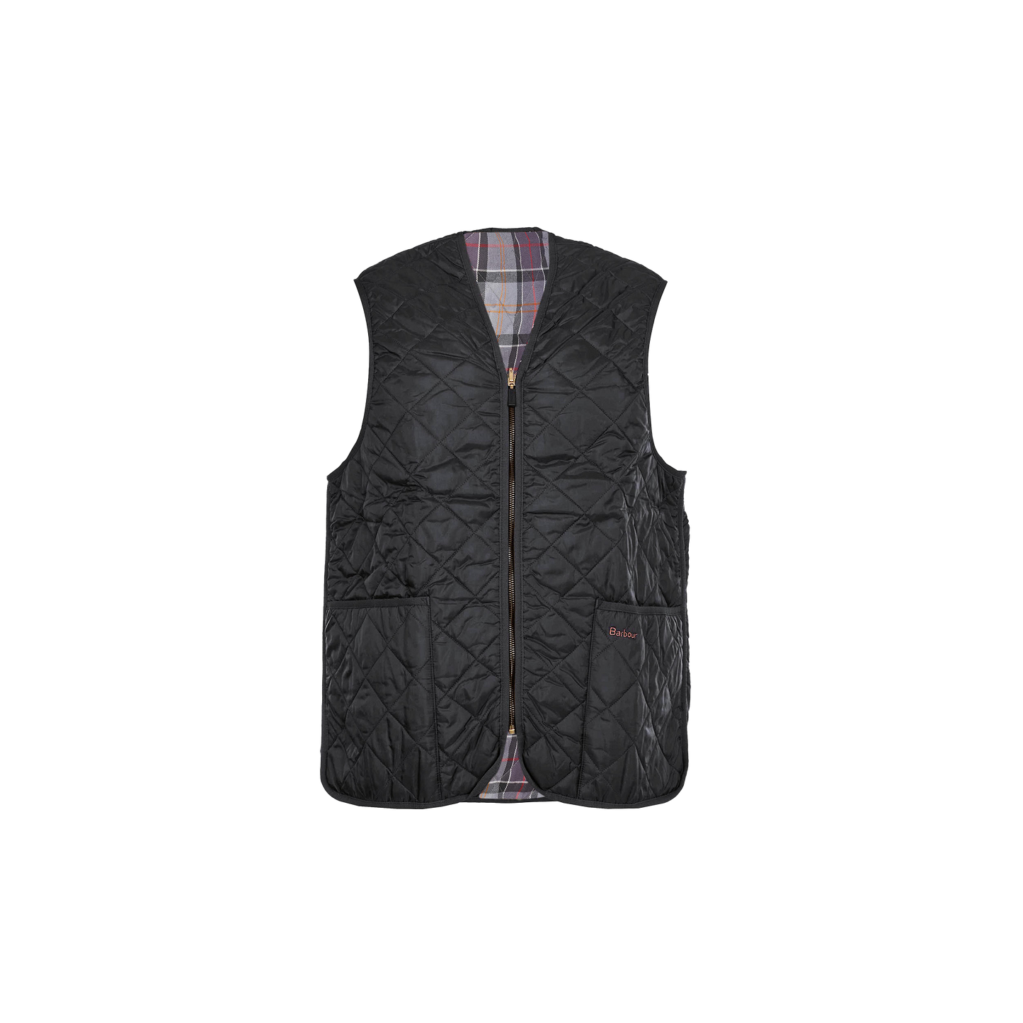 The Barbour Quilted Zip-In Liner is a black waistcoat with a front zipper and two pockets, featuring an inner tartan lining.