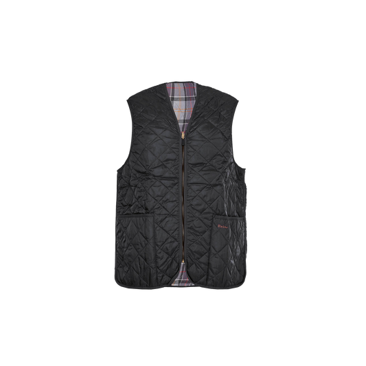 The Barbour Quilted Zip-In Liner is a black waistcoat with a front zipper and two pockets, featuring an inner tartan lining.