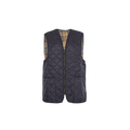 A sleeveless, dark-colored Quilted Zip-In Liner by Barbour with diamond quilting and a plaid interior lining. It features an interactive zip closure and two front pockets, reminiscent of a classic Barbour waistcoat.