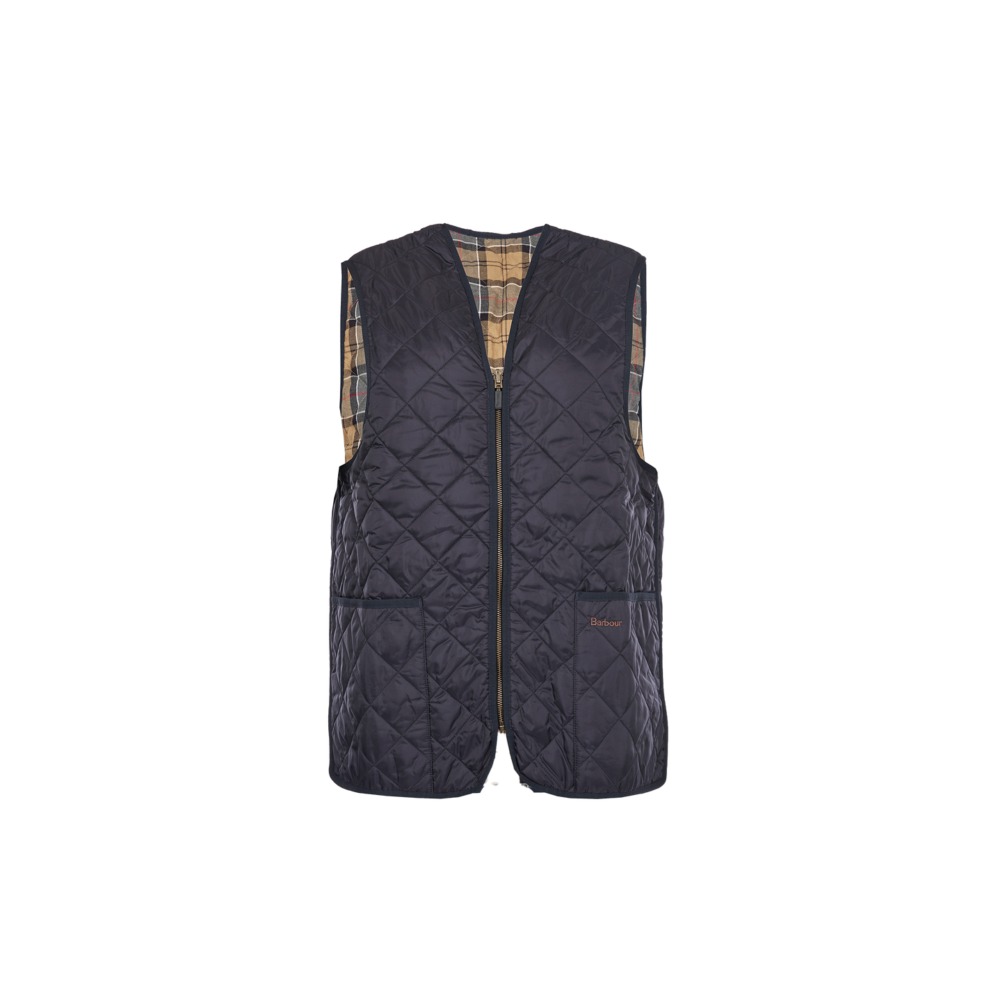 A sleeveless, dark-colored Quilted Zip-In Liner by Barbour with diamond quilting and a plaid interior lining. It features an interactive zip closure and two front pockets, reminiscent of a classic Barbour waistcoat.