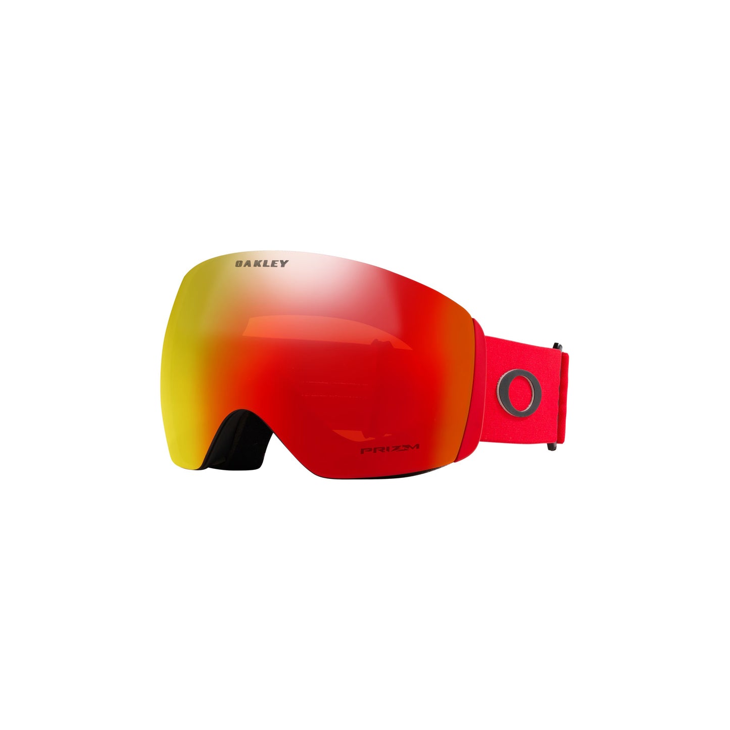 Oakley's Flight Deck Goggles feature red frames with reflective orange lenses and an adjustable strap with a circular logo. Enhanced with Ridgelock Technology, these goggles provide seamless compatibility and top-tier performance for any slope adventurer.