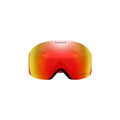 The Oakley Flight Deck Goggles in red and orange with black trim feature Ridgelock Technology for a snug fit, designed for seamless compatibility on a pristine white background.