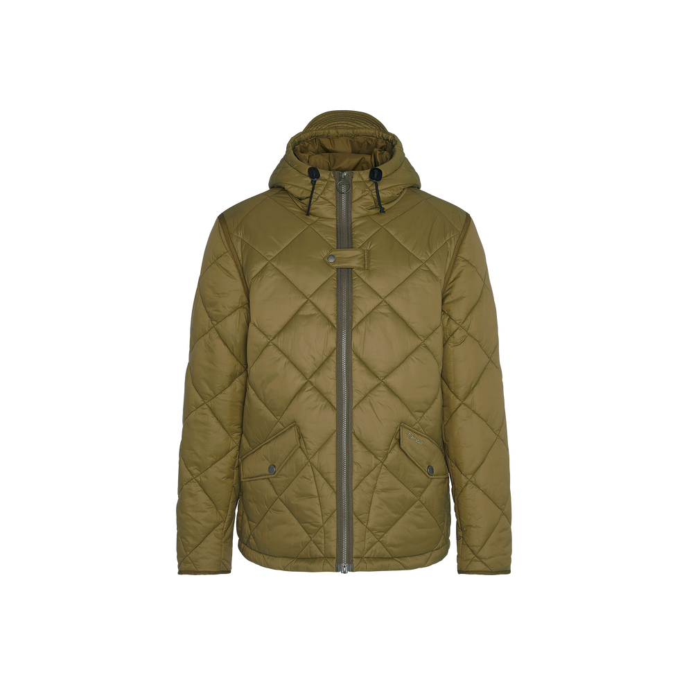 The Re-Engineered Endurance Quilted Jacket by Barbour is a green jacket with diamond quilting that features a hood, two side pockets, and a front zipper with button closure.