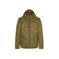 The Re-Engineered Endurance Quilted Jacket by Barbour is a green jacket with diamond quilting that features a hood, two side pockets, and a front zipper with button closure.