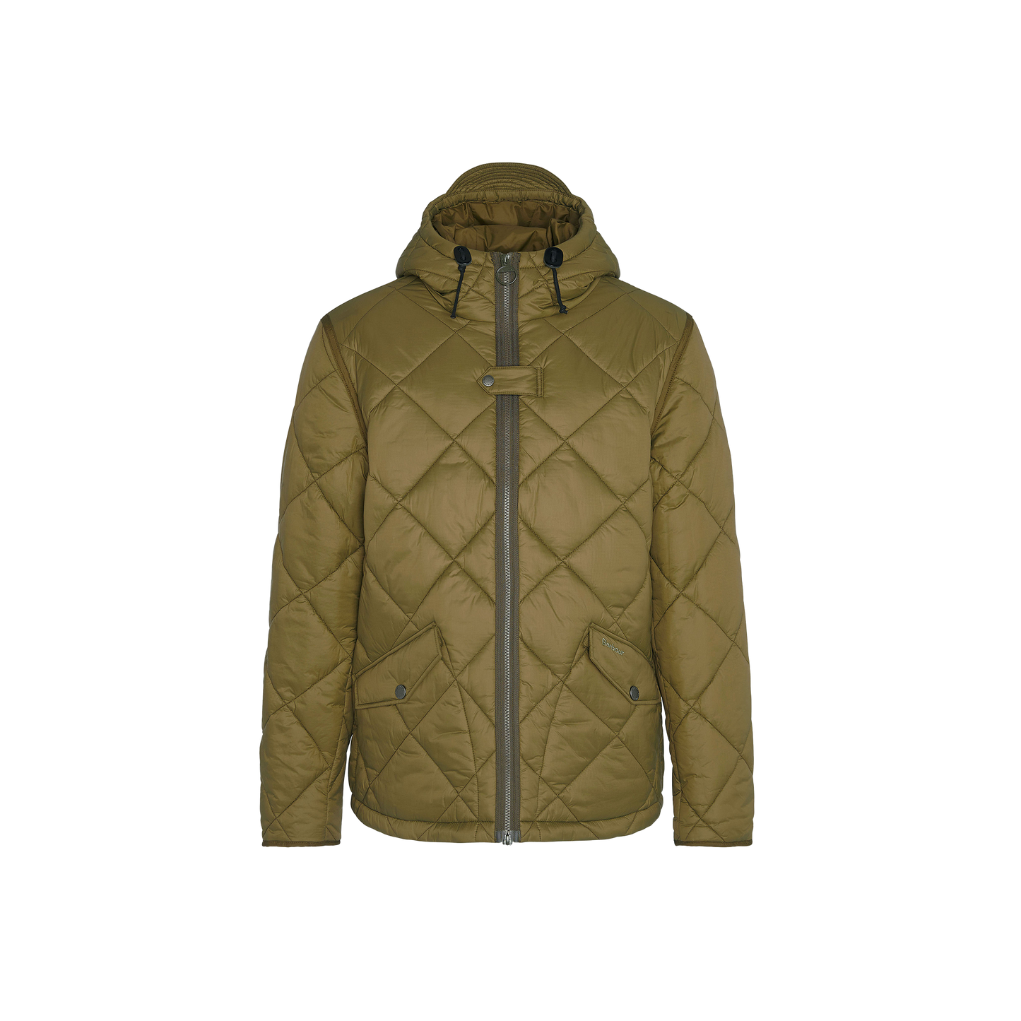 The Re-Engineered Endurance Quilted Jacket by Barbour is a green jacket with diamond quilting that features a hood, two side pockets, and a front zipper with button closure.