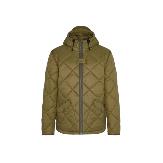 The Re-Engineered Endurance Quilted Jacket by Barbour is a green jacket with diamond quilting that features a hood, two side pockets, and a front zipper with button closure.