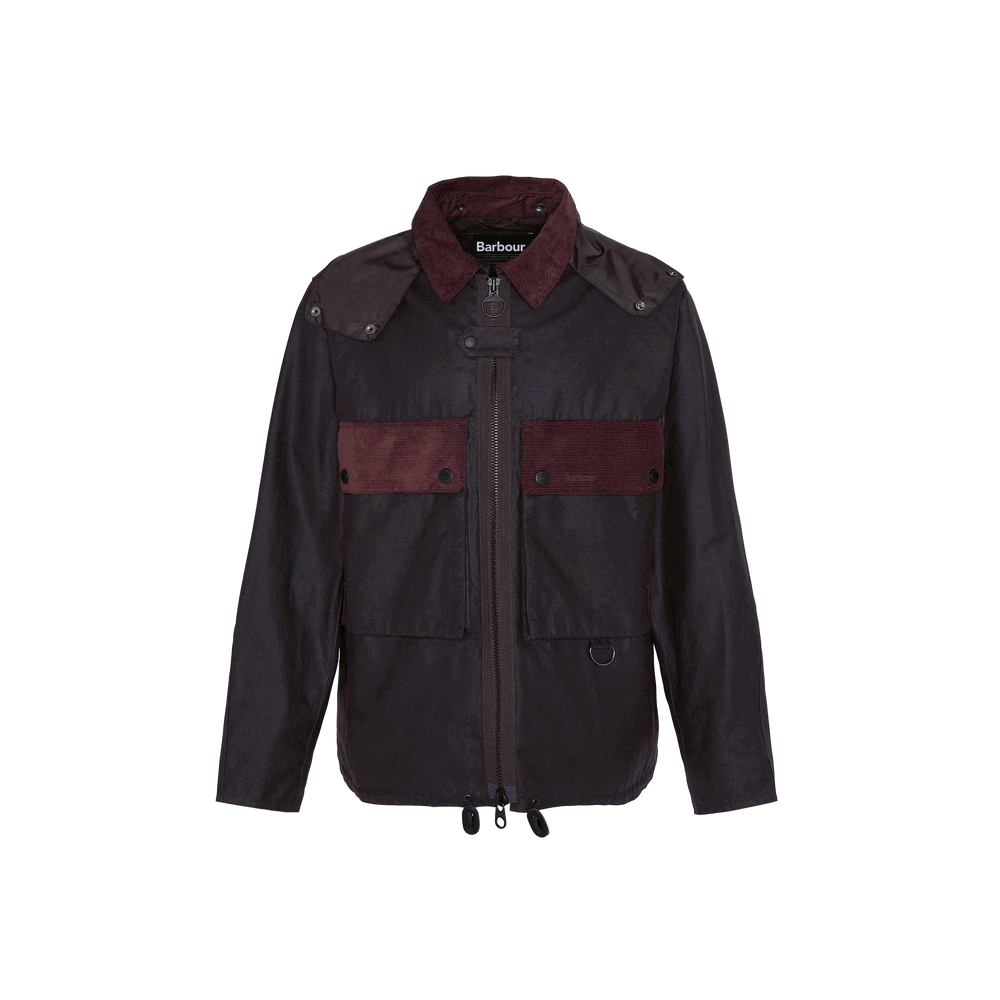 The Re-Engineered Spey Wax Jacket by Barbour is a dark jacket with a zipper, two chest pockets, and a high collar, featuring contrasting maroon-colored accents and the Barbour brand name on the tag.