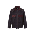 The Re-Engineered Spey Wax Jacket by Barbour is a dark jacket with a zipper, two chest pockets, and a high collar, featuring contrasting maroon-colored accents and the Barbour brand name on the tag.