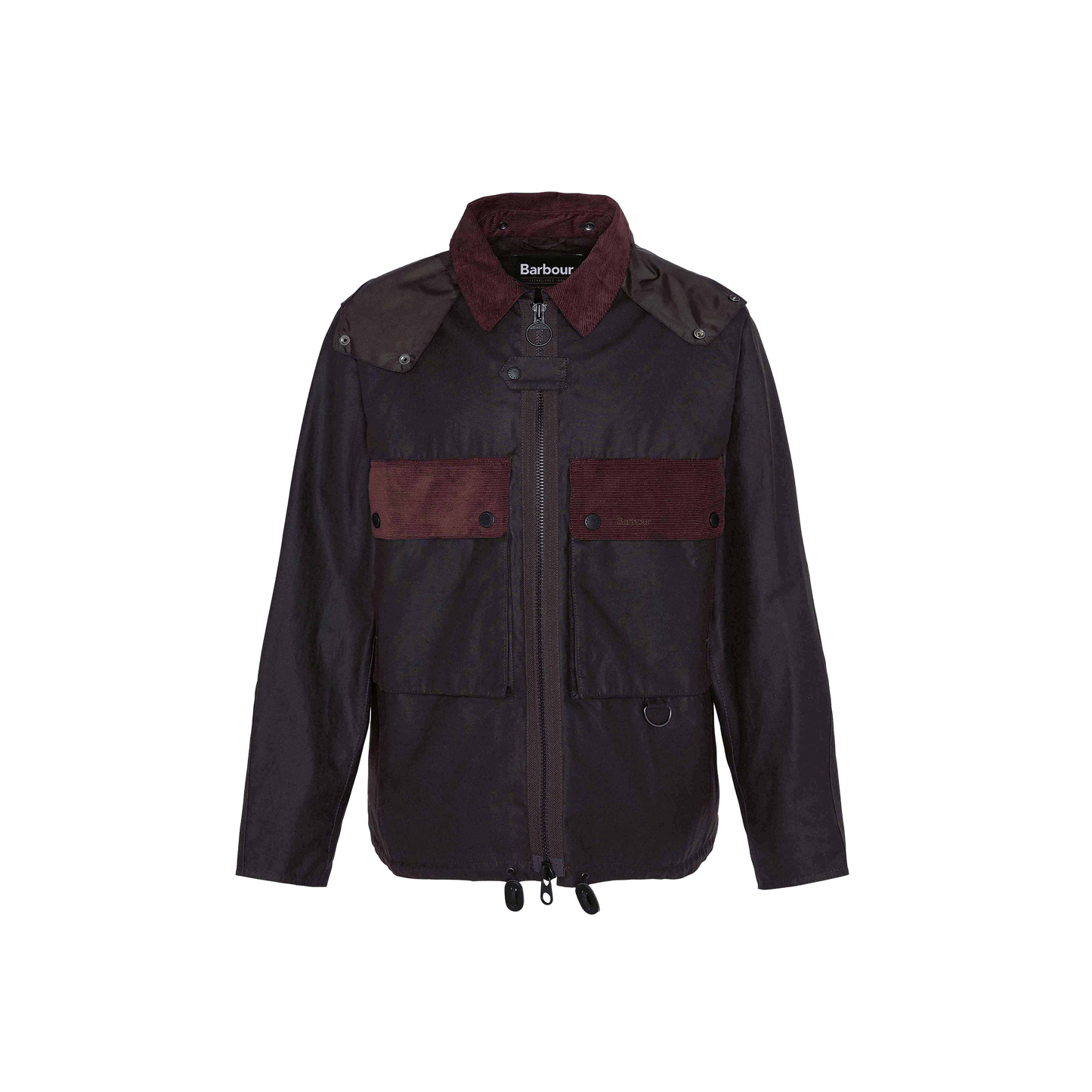 The Re-Engineered Spey Wax Jacket by Barbour is a dark jacket with a zipper, two chest pockets, and a high collar, featuring contrasting maroon-colored accents and the Barbour brand name on the tag.