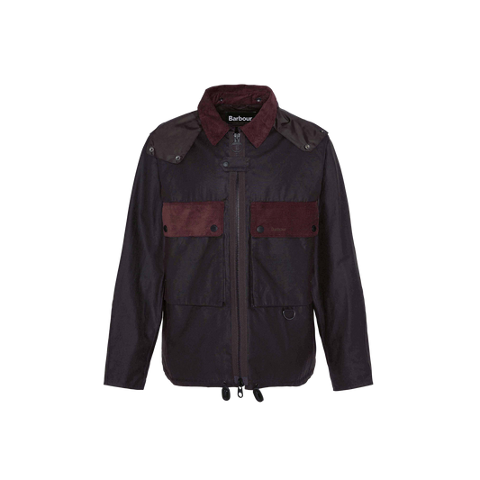 The Re-Engineered Spey Wax Jacket by Barbour is a dark jacket with a zipper, two chest pockets, and a high collar, featuring contrasting maroon-colored accents and the Barbour brand name on the tag.