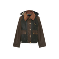 A khaki and brown Barbour Reighton Spey Waxed jacket featuring large front pockets, button closures, a hood, and the signature Barbour waxed finish.