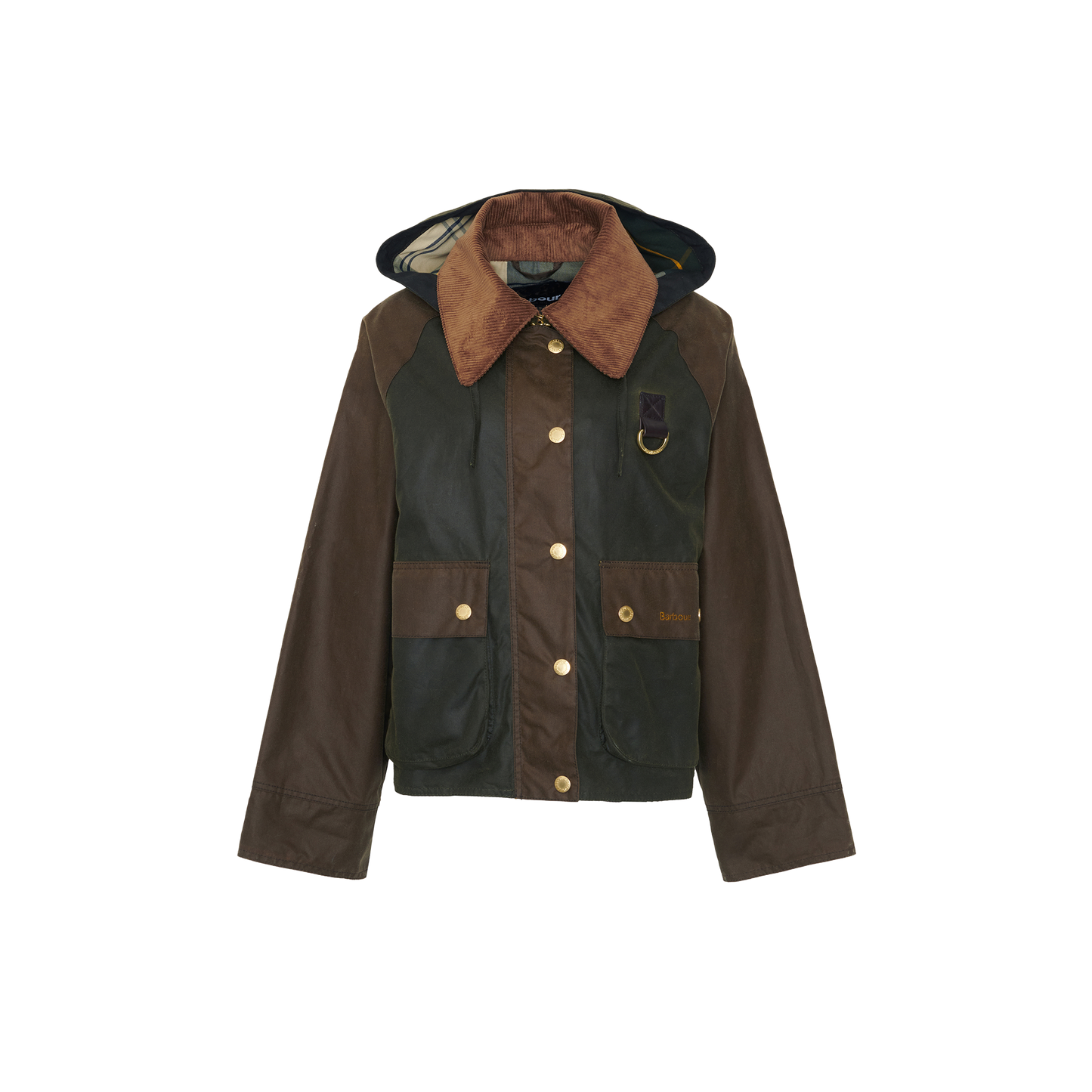 A khaki and brown Barbour Reighton Spey Waxed jacket featuring large front pockets, button closures, a hood, and the signature Barbour waxed finish.