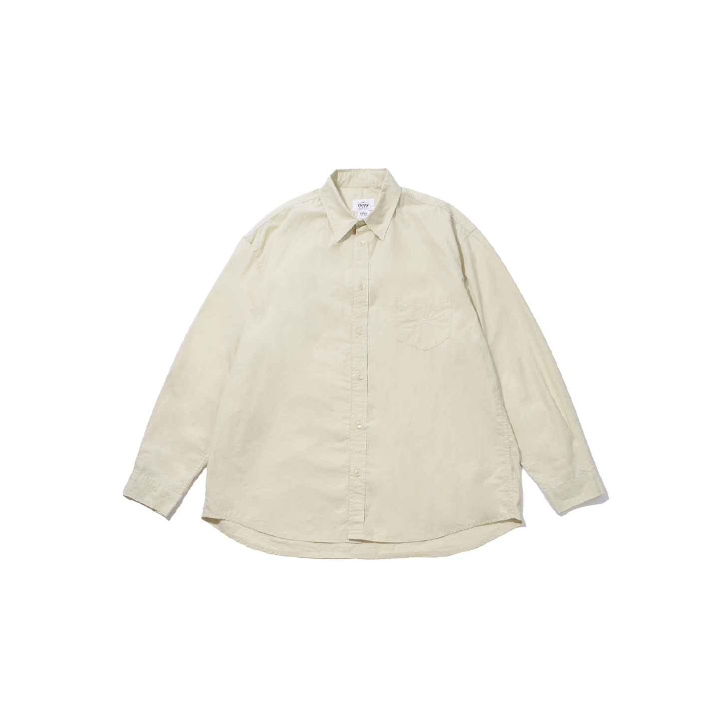 Relaxed Cotton Shirt from Kappy, featuring a beige hue with long sleeves, a collar, and a patch pocket, crafted from cotton, laid flat on a black background.