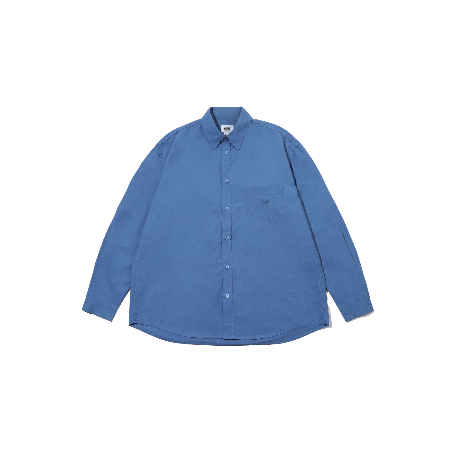 Relaxed Cotton Shirt by Kappy, featuring a blue color, long sleeves, button-up design with a collar, and a cotton patch pocket, made in South Korea, laid flat.