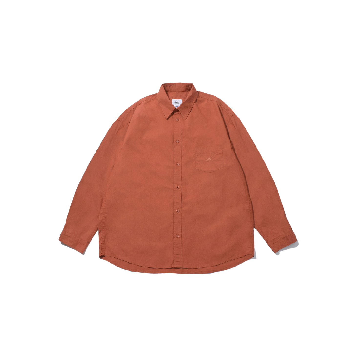 Rust-colored Relaxed Cotton Shirt by Kappy, featuring long sleeves, a button-up design with a collar, and a patch pocket, made from soft cotton and laid flat on a white background.