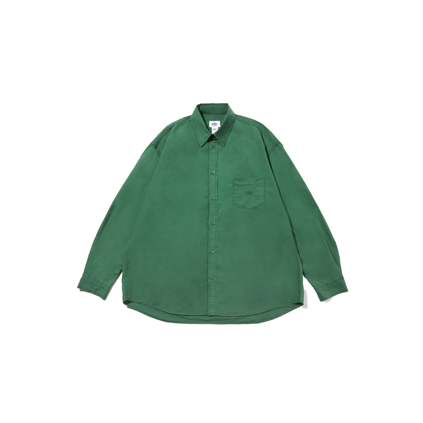 The Relaxed Cotton Shirt by Kappy, in dark green, features a button-up design with a patch pocket on the left chest and is displayed against a plain black background. It is made in South Korea.