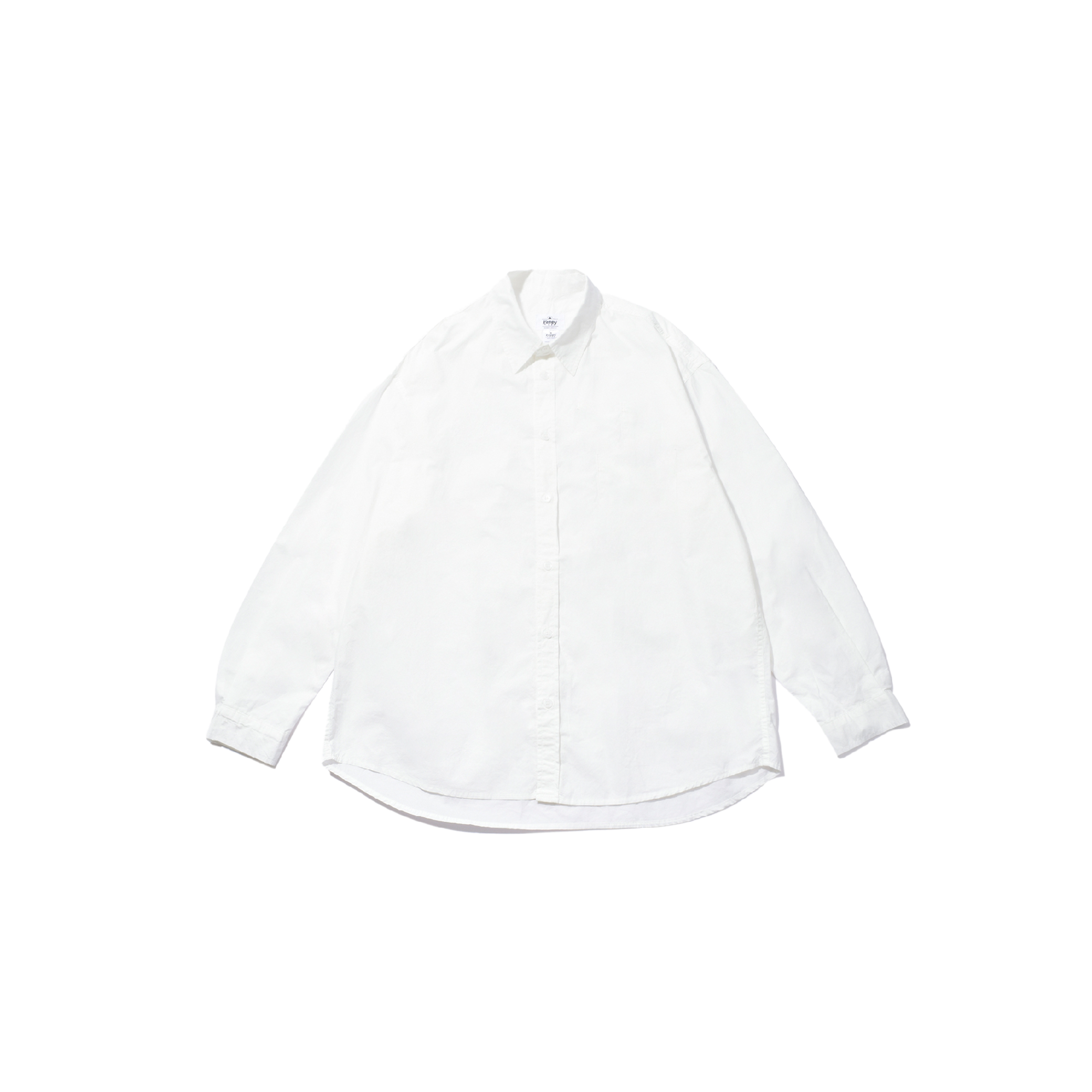 A Relaxed Cotton Shirt by Kappy, featuring a plain white cotton fabric with long sleeves, button-up design, and a patch pocket, set against a black background.