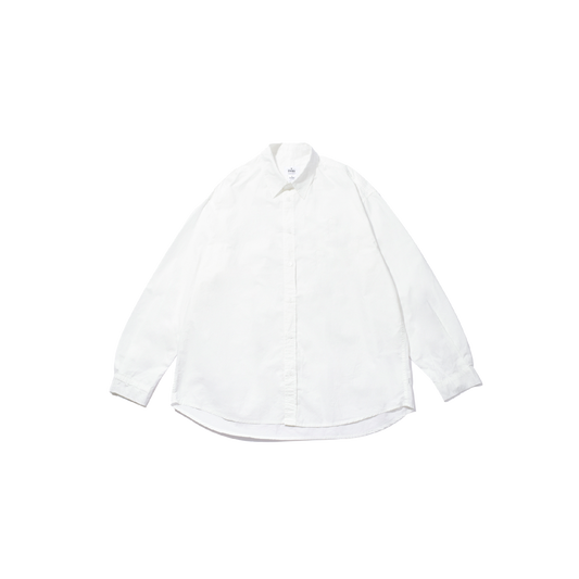 A Relaxed Cotton Shirt by Kappy, featuring a plain white cotton fabric with long sleeves, button-up design, and a patch pocket, set against a black background.