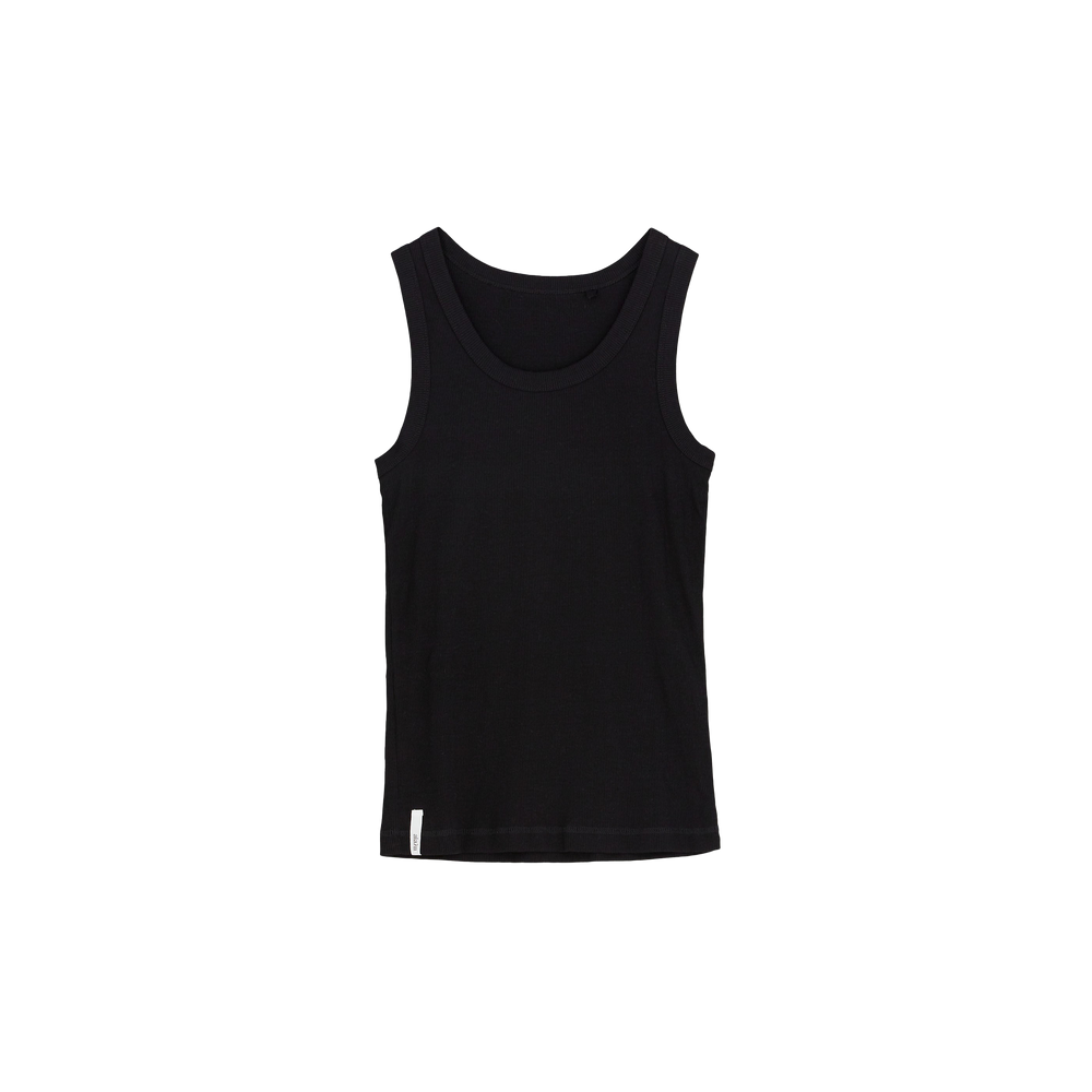 This Rib Tank by Aiayu, made of black organic cotton, boasts a slim fit and a scoop neckline, all highlighted against a white background.