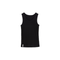 This Rib Tank by Aiayu, made of black organic cotton, boasts a slim fit and a scoop neckline, all highlighted against a white background.