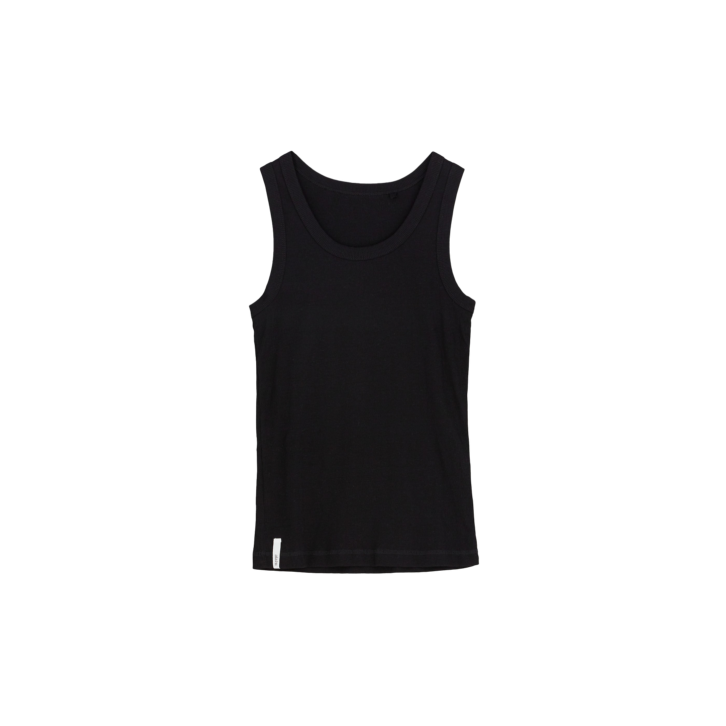 This Rib Tank by Aiayu, made of black organic cotton, boasts a slim fit and a scoop neckline, all highlighted against a white background.