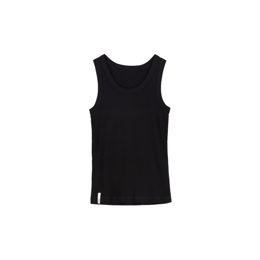 This Rib Tank by Aiayu, made of black organic cotton, boasts a slim fit and a scoop neckline, all highlighted against a white background.