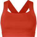 The Kay Sports Bra by Rohnisch is a vibrant red piece crafted from recycled polyester, featuring thick straps that crisscross at the back. The fabric is smooth, stretchy, and designed to wick away moisture.