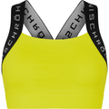 The Kay Sports Bra by Rohnisch is a yellow sports bra made from recycled polyester, featuring black straps with white text print, and is designed for optimal moisture-wicking performance.