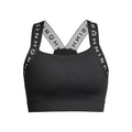 The Kay Sports Bra by Rohnisch is a black sports bra with wide branded straps that cross at the back, embossed with the word "Röhnisch," made from sustainable recycled polyester for both performance and eco-friendliness.