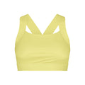 Front view of the Kay Sports Bra by Rohnisch, crafted in a vibrant yellow from recycled polyester. It features broad shoulder straps and a cross-back design, ensuring moisture-wicking comfort.