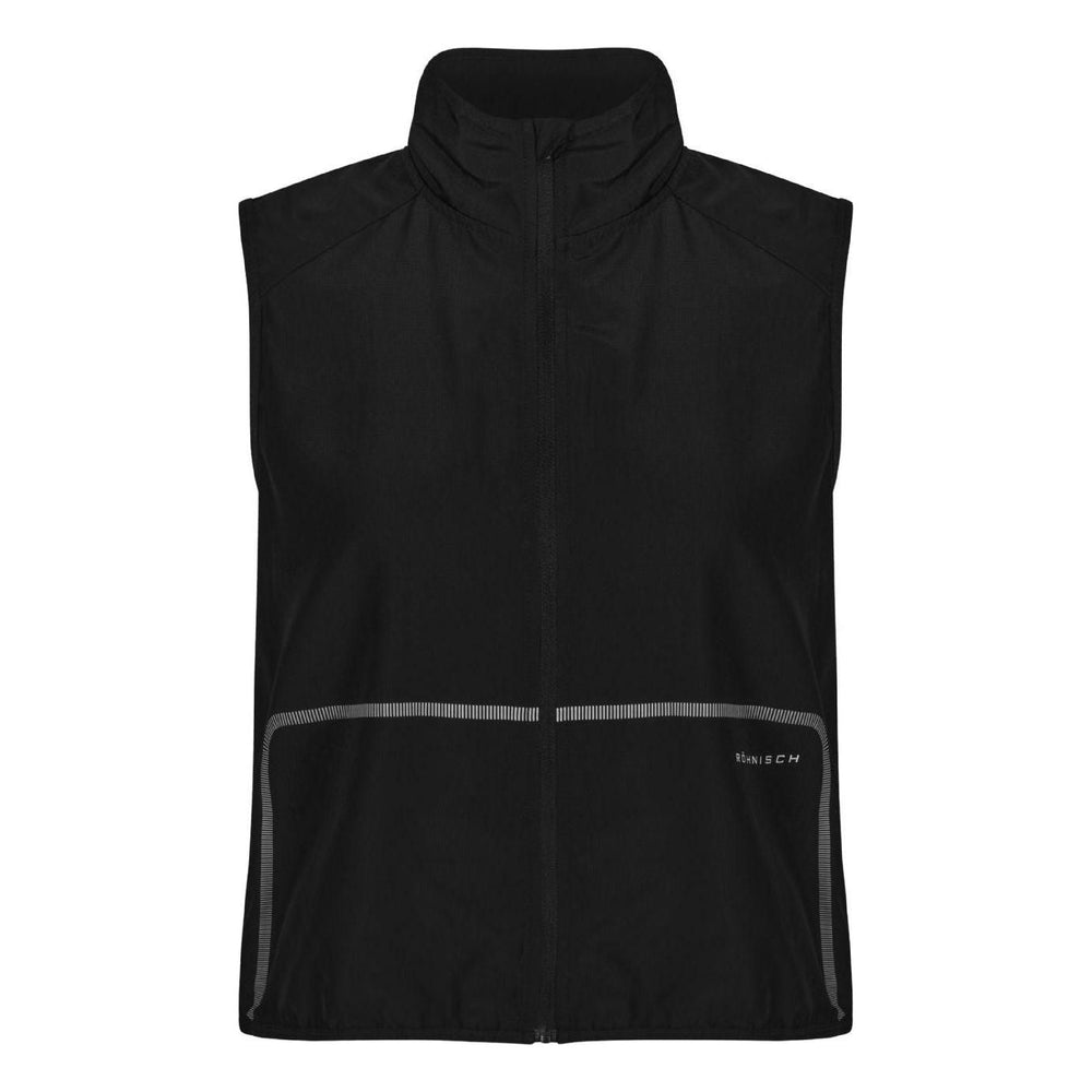 The On Running Lightweight Running Vest in black is crafted from recycled polyester and features a sleeveless zip-up design with a high collar and reflective details near the pockets.