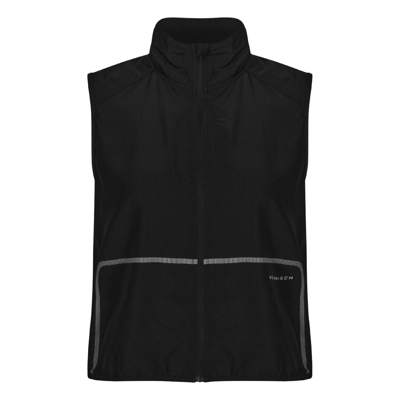 The On Running Lightweight Running Vest in black is crafted from recycled polyester and features a sleeveless zip-up design with a high collar and reflective details near the pockets.