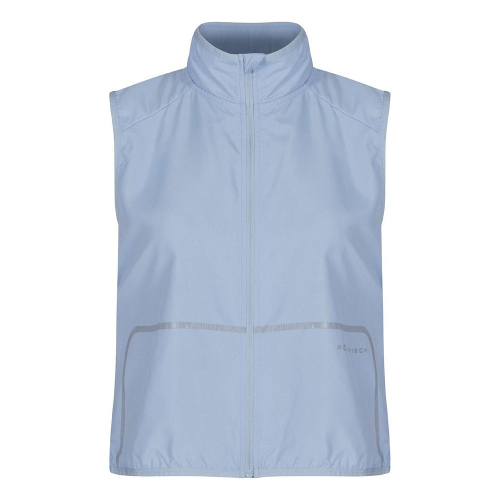 The Lightweight Running Vest in Skyway by On Running is a light blue, sleeveless windbreaker made from recycled polyester, featuring a front zipper and reflective details.