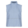 The Lightweight Running Vest in Skyway by On Running is a light blue, sleeveless windbreaker made from recycled polyester, featuring a front zipper and reflective details.