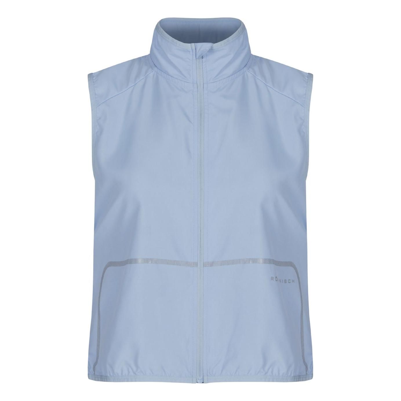 The Lightweight Running Vest in Skyway by On Running is a light blue, sleeveless windbreaker made from recycled polyester, featuring a front zipper and reflective details.