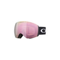 Flight Deck Goggles by Oakley feature pink lenses, a black adjustable strap, and Ridgelock Technology for quick lens changes. Seamless compatibility ensures an optimal field of vision on the slopes.