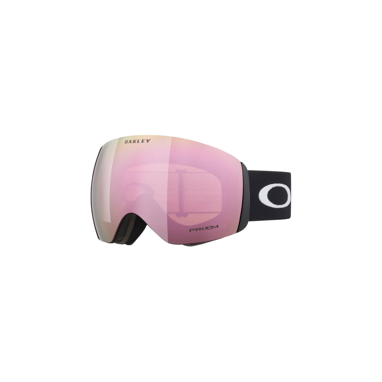 Flight Deck Goggles by Oakley feature pink lenses, a black adjustable strap, and Ridgelock Technology for quick lens changes. Seamless compatibility ensures an optimal field of vision on the slopes.